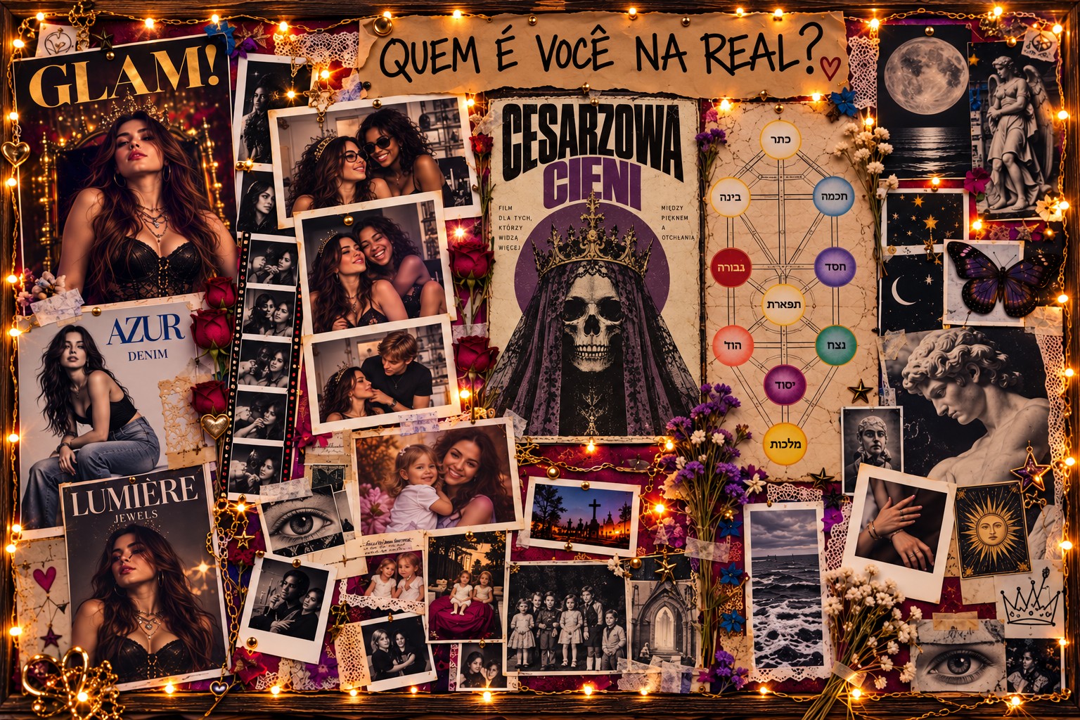 Mural de Brenda com a Imperatriz caveira coroada ao centro, fotografias, Árvore da Vida e cartas