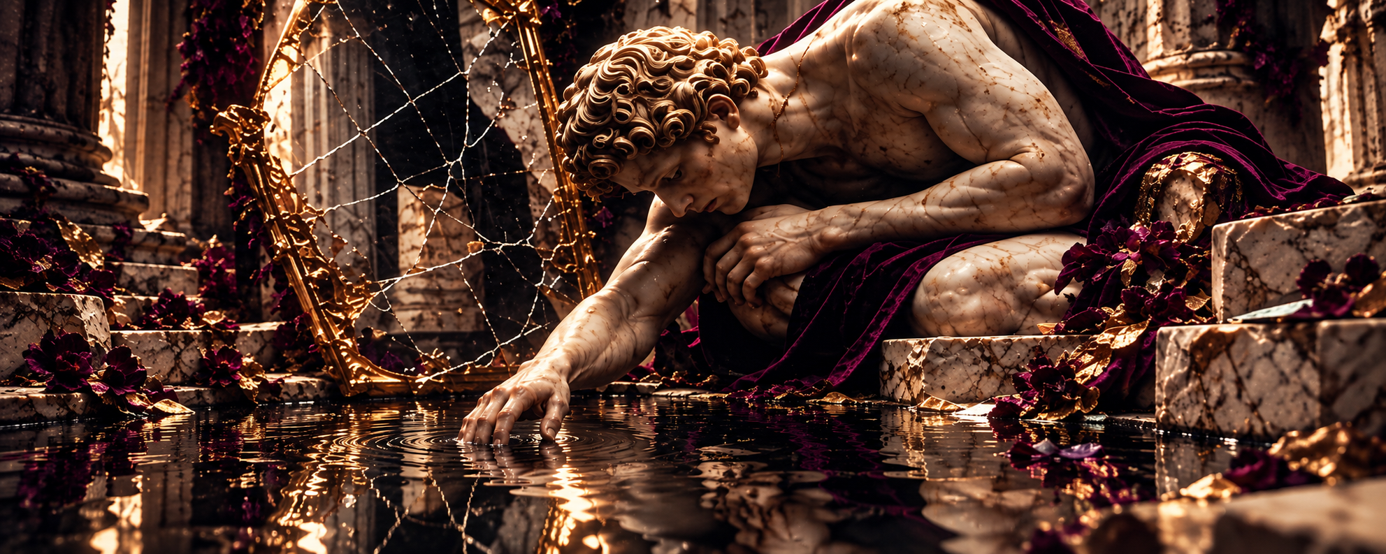 Narciso junto ao lago, diante do espelho quebrado
